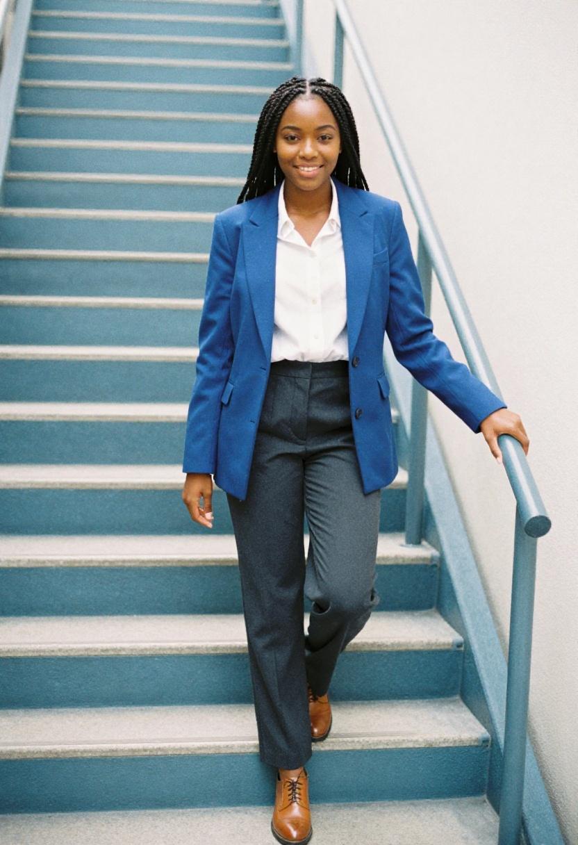 Cobalt blazer and wide-leg trousers in a dynamic staircase moment