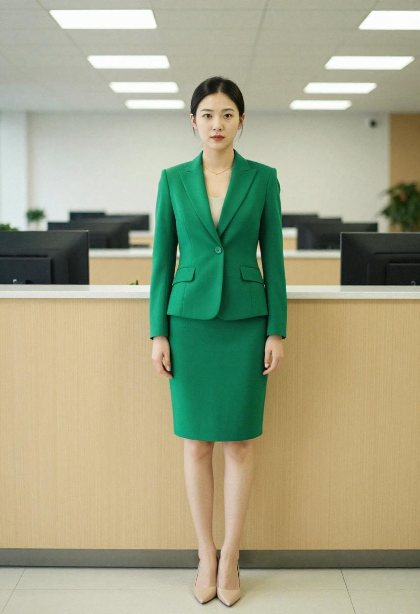 Emerald green tailored skirt suit corporate reception setting quiet confidence