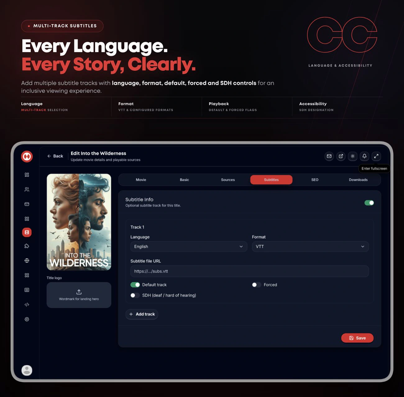 Streamly multi-track subtitle management with language, format, default, forced and SDH controls