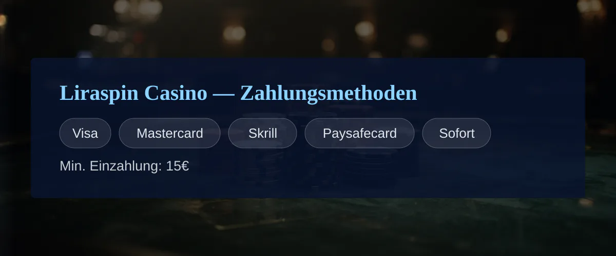 Liraspin Casino — Zahlungsmethoden: Visa, Mastercard, Skrill, Paysafecard, Sofort