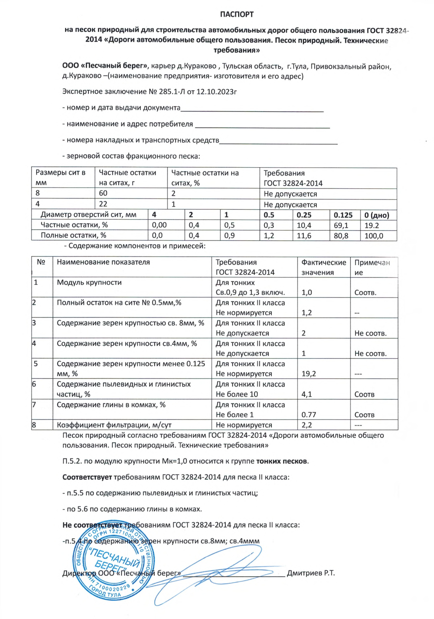 Паспорт песка