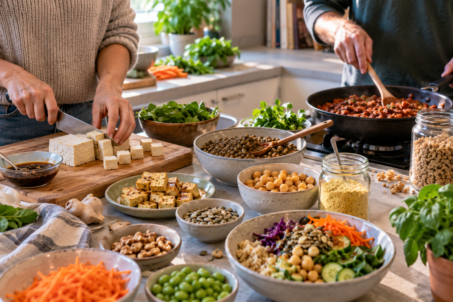 Colourful vegetarian meal with grilled tofu cubes, broccoli, carrots and other fresh vegetables in a pan, illustrating the preparation of plant proteins.
