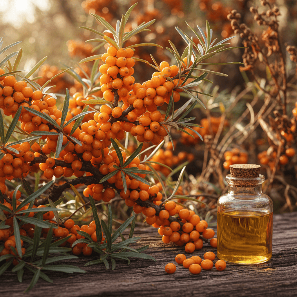 Sea buckthorn shrub with orange berries beside a glass oil bottle