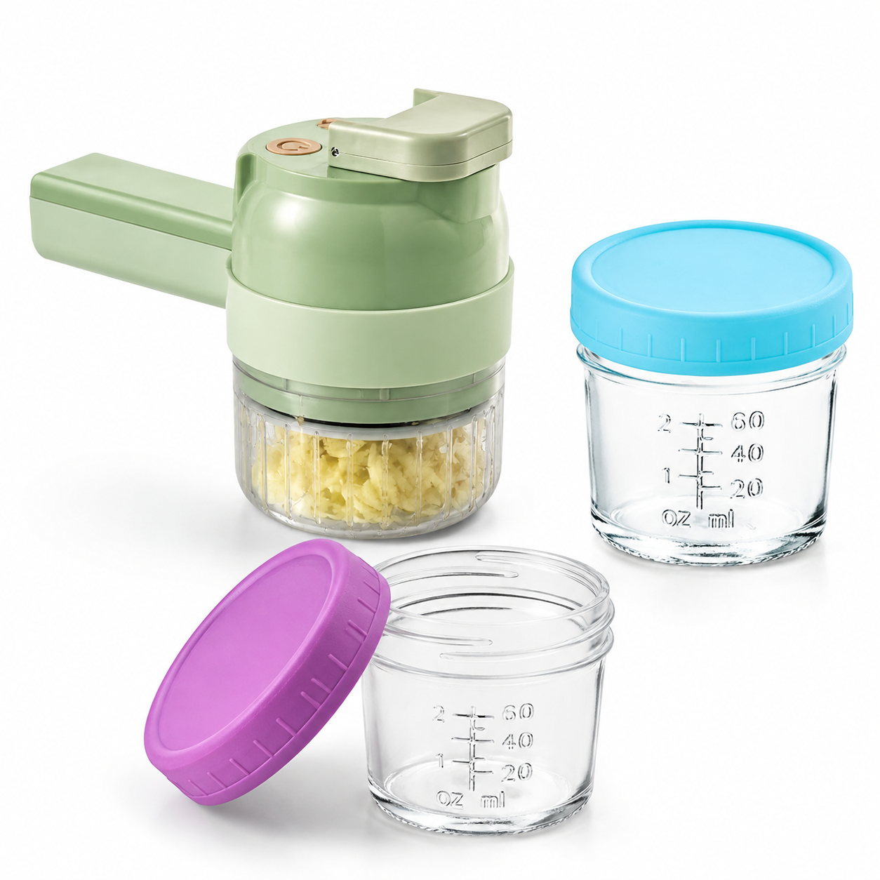 Seasoning Preparation and Storage Set-Green Electric Handheld Food Processor With Light Blue lid and Purple lid 4oz Glass Storage Jars - USB-C Charging - Multi-Function Chopper, Slicer and Cleaning Brush Set for Garlic Vegetables