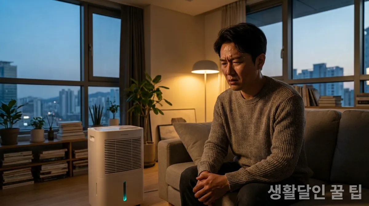 30대 한국인이 제습기가 작동하는 밀폐된 방에서 불편한 표정을 짓고 있는 모습, 현대적인 아파트 거실 배경