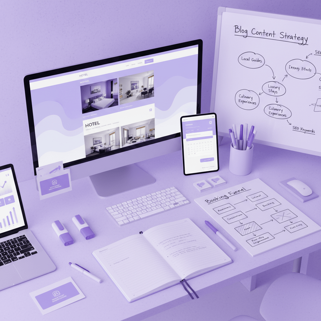 Analytics dashboard with organic traffic graphs and direct booking conversion tracking