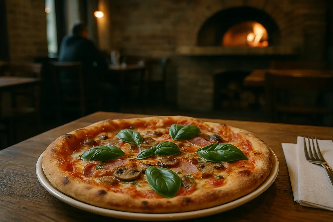 En friskbagt pizza på et rustikt træbord i et hyggeligt pizzaria