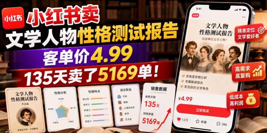 小红书卖文学人物性格测试报告,客单价4.99,135天卖了5169单!-网创指引人