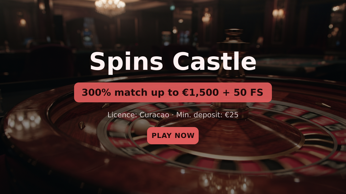 Spins Castle casino — welcome bonus 300% match up to €1,500 + 50 FS, payments: Visa, Mastercard