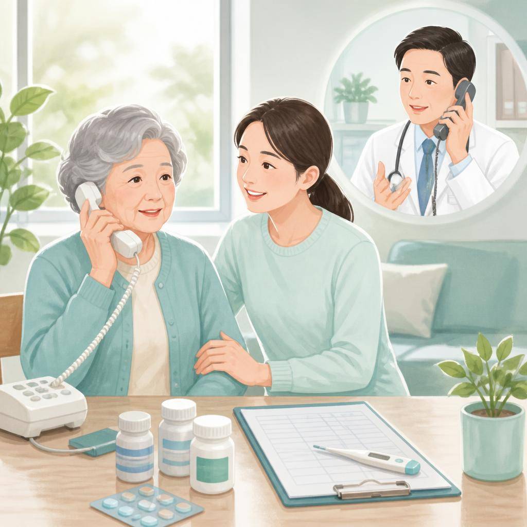 고위험군 코로나19 진료 안내를 표현한 따뜻하고 신뢰감 있는 일러스트. 고령자와 보호자가 