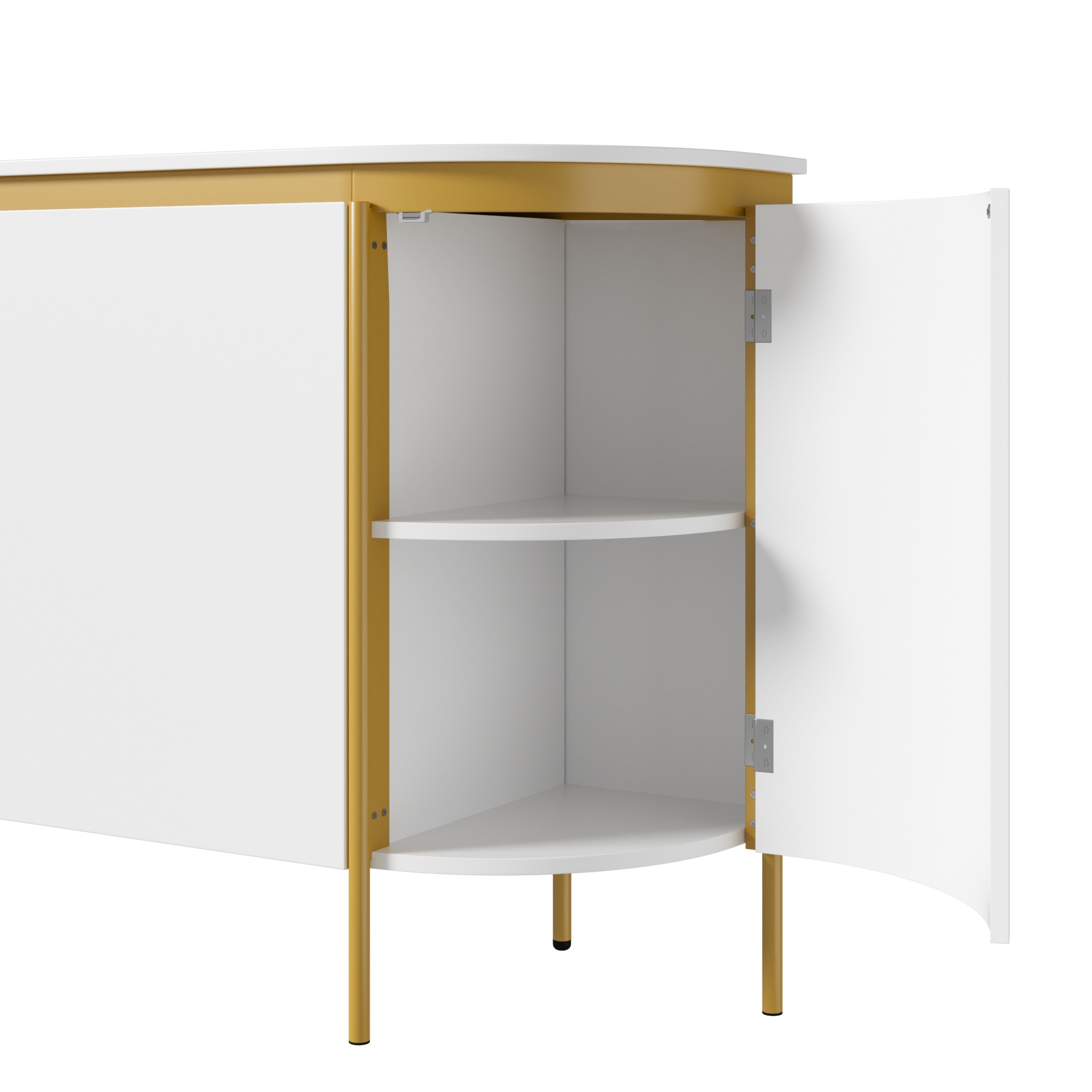 Buffet Blanc, 4 Portes, Rangement, Gestion des Câbles, Design Moderne, Angles Arrondis, Façade Texturée - Panneau composite de fibres de bois à densité et Métal - 140x38x80cm 6