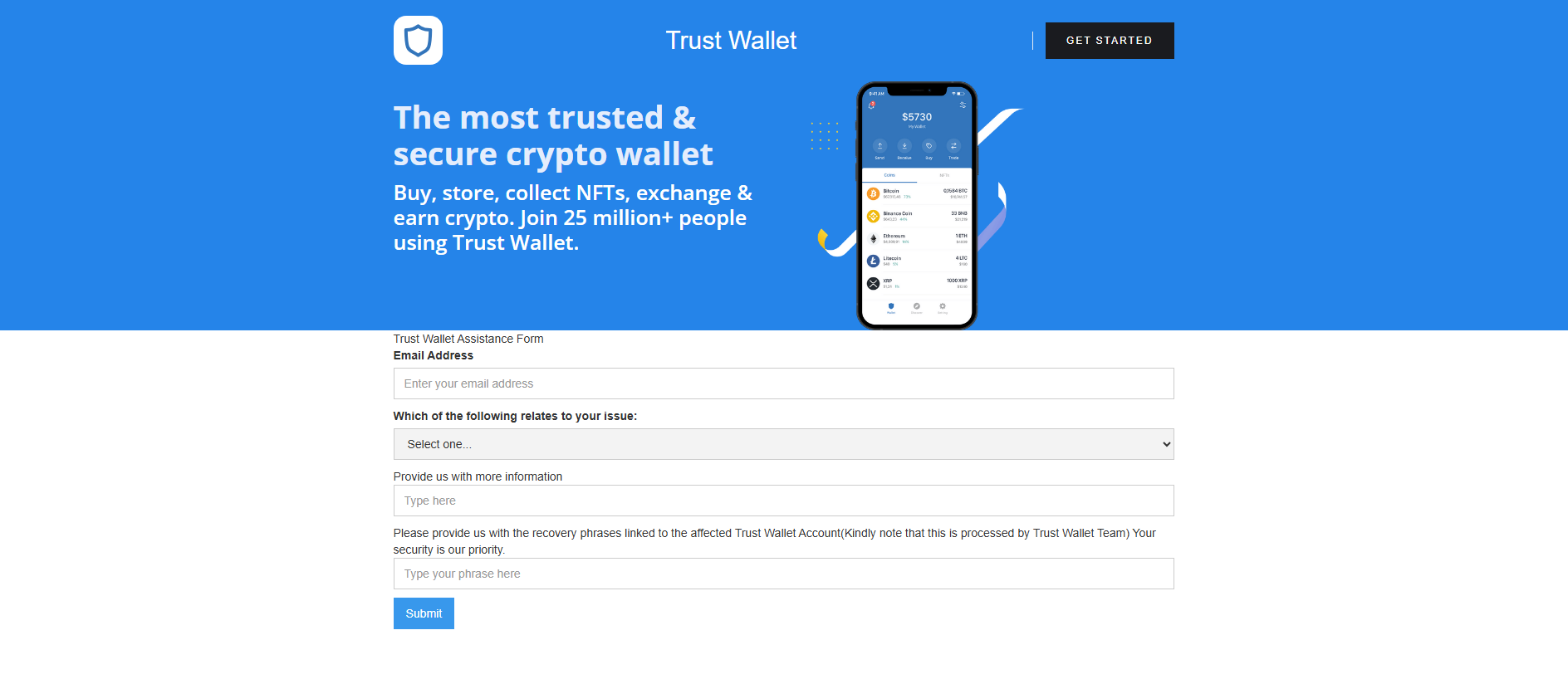 Stored capture of trustwalletuserform.webflow.io