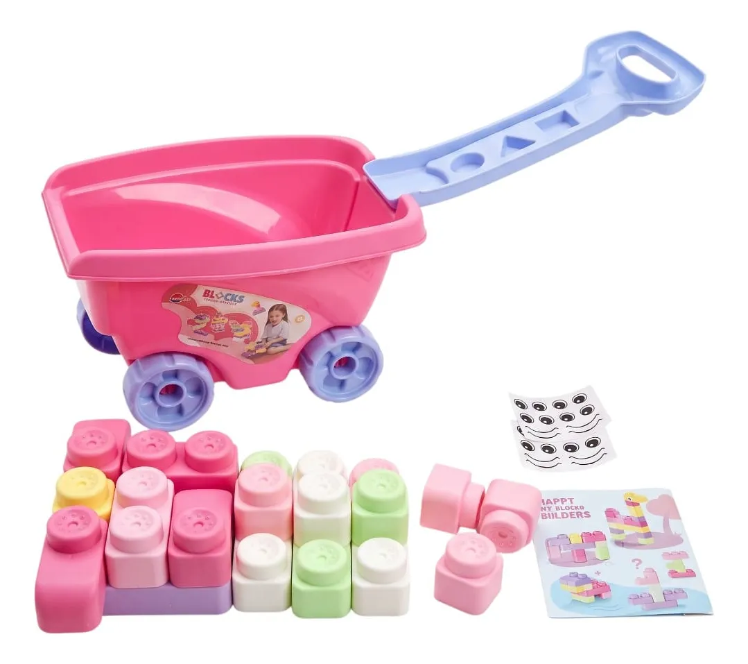 Carrito de juguete con bloques apilables y accesorios