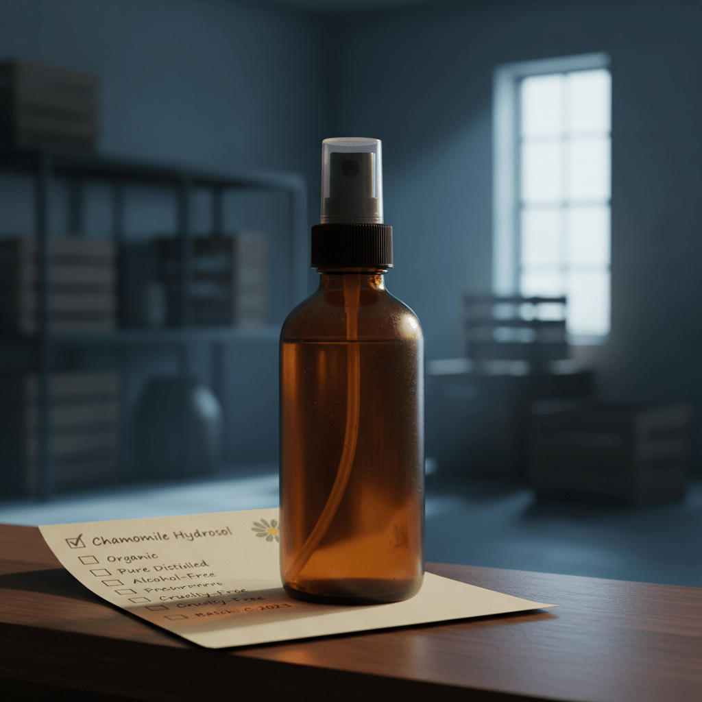Soothing bedroom scene with chamomile pillow mist on bedside table