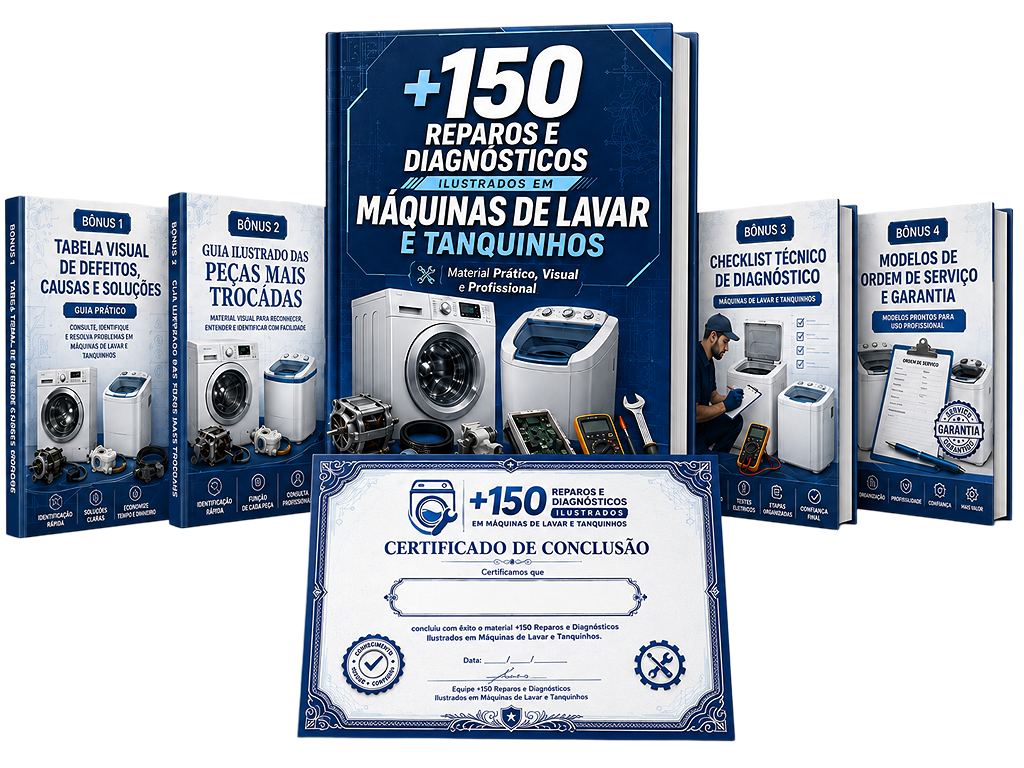 Mockup do material +150 Reparos e Diagnósticos Ilustrados em Máquinas de Lavar e Tanquinhos
