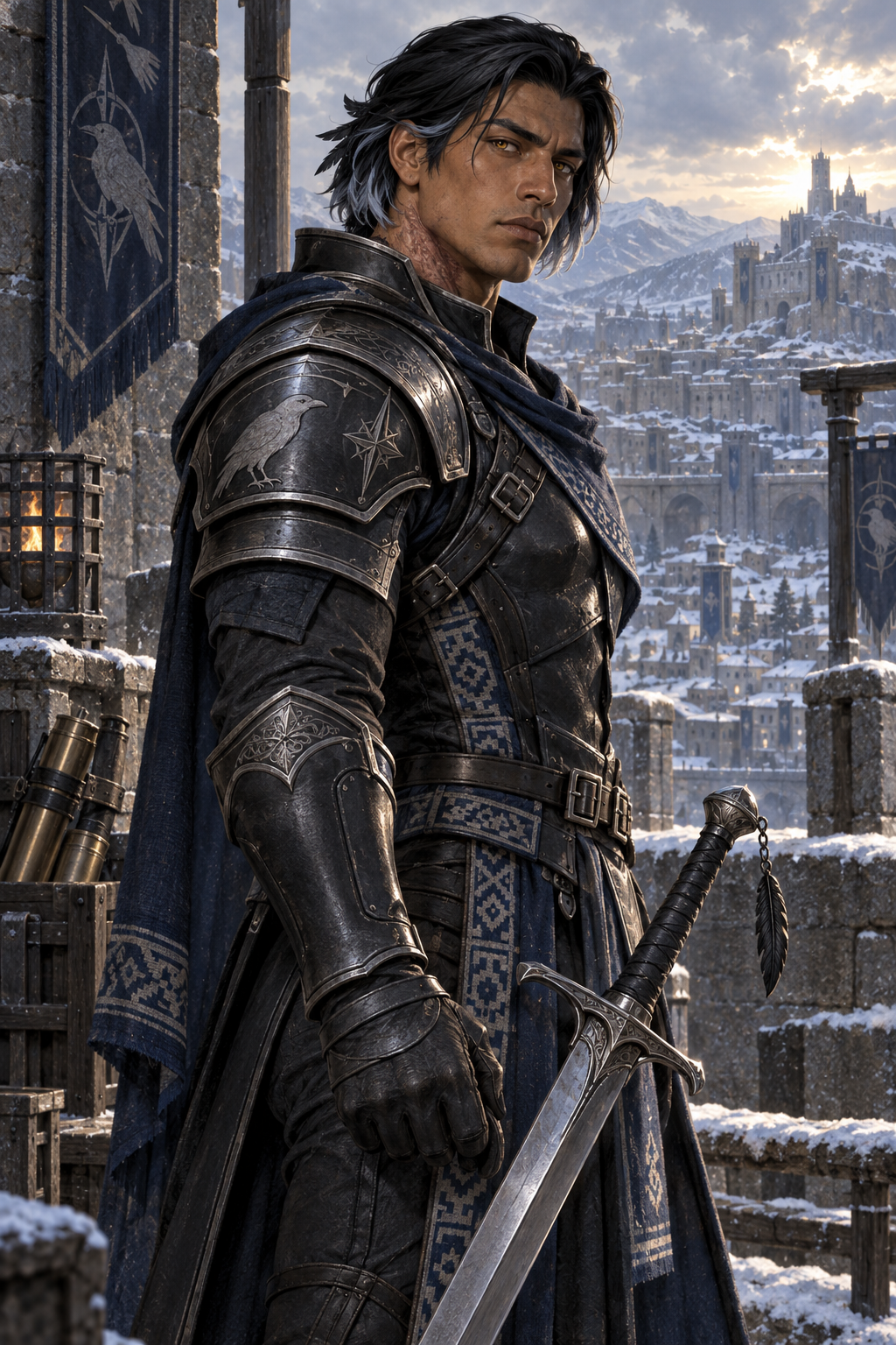 Knight Rafael Torrico, a broad raven shifter with black hair tipped silver-blue, golden eyes, feather traits, and a burn scar along his throat.