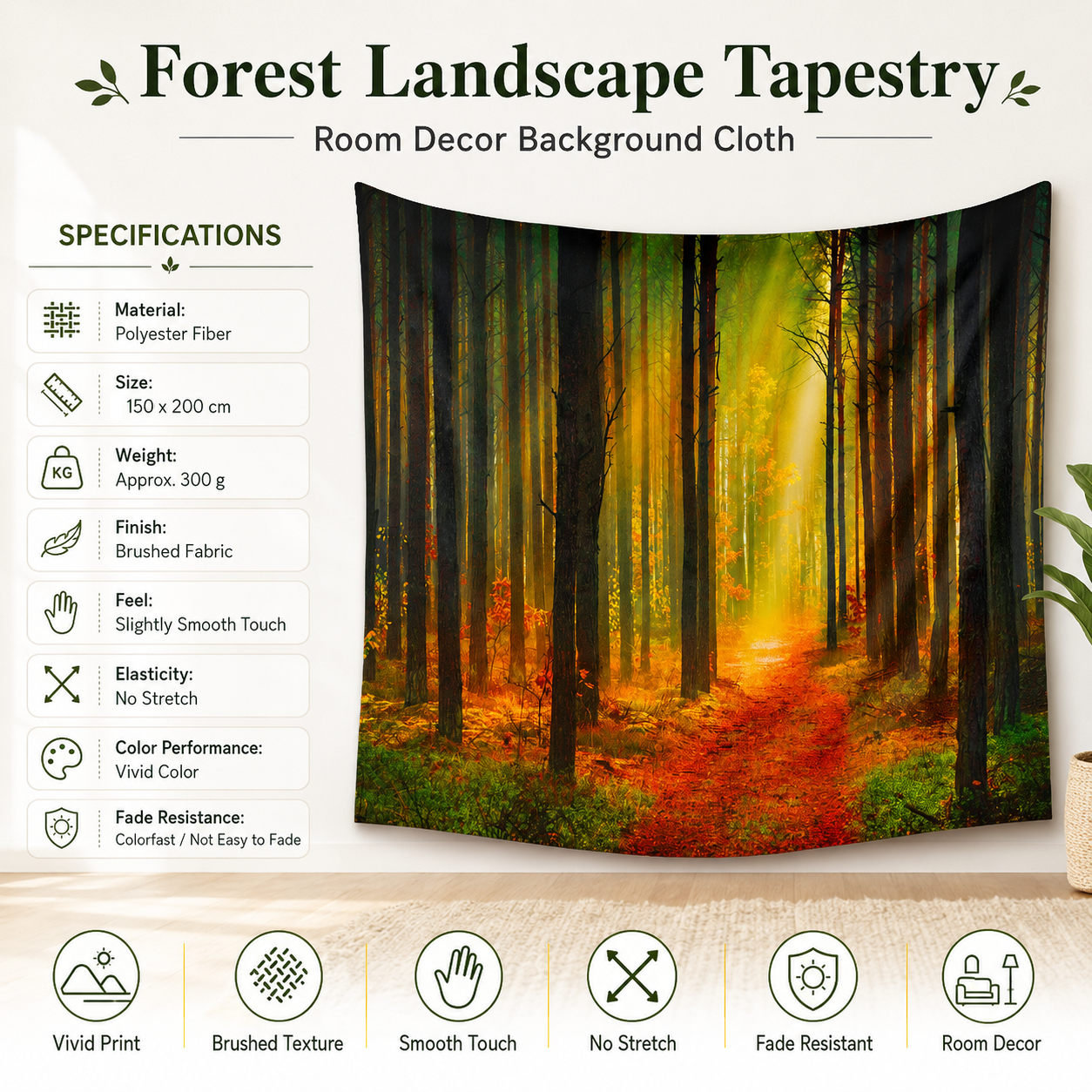 Forest Path Tapestry Wall Hanging 150×200cm Polyester Fabric Background Cloth Room Decor Brushed No-Stretch Fade Resistant Nature Forest Wall Decor with Installation Kit