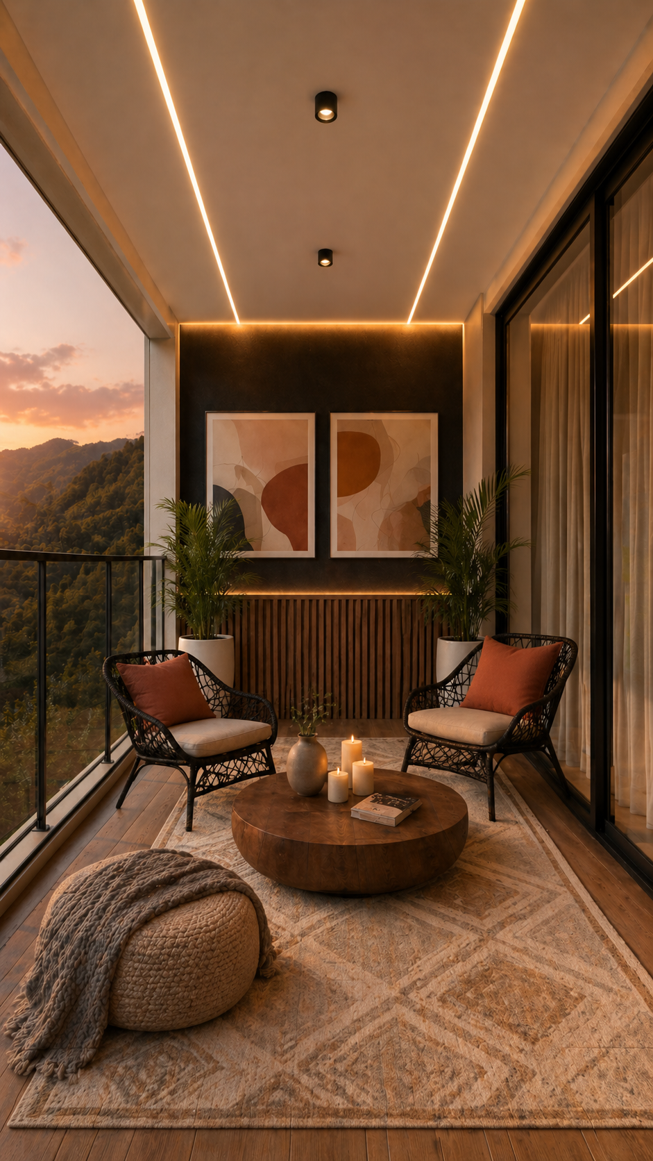 Terraza boho lounge al atardecer con sillas de ratán y mesa de madera natural