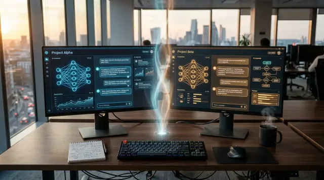 Two monitors displaying AI interfaces on modern desk with dramatic golden hour lighting