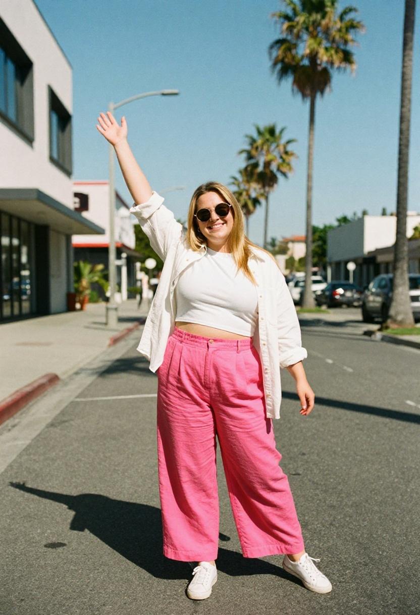 Plus size woman in fuchsia wide-leg linen trousers with layered white shirt and white sneakers in playful warm-weather spring look