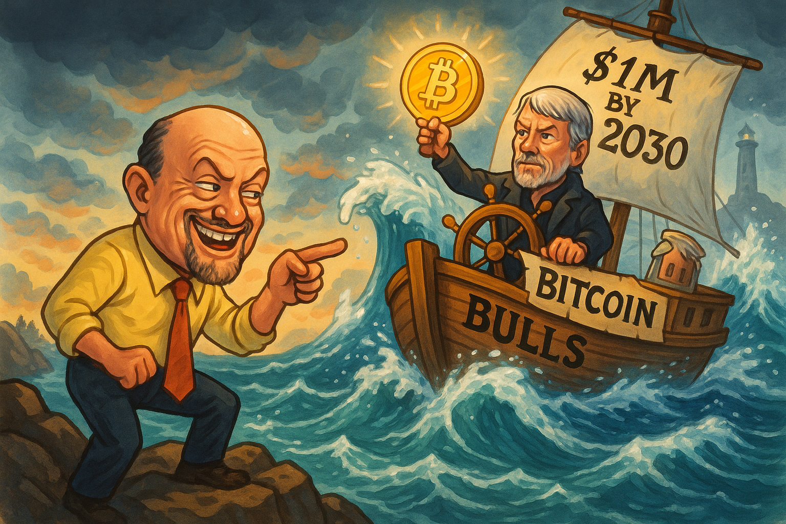 Illustration of Jim Cramer critiquing bold Bitcoin price predictions