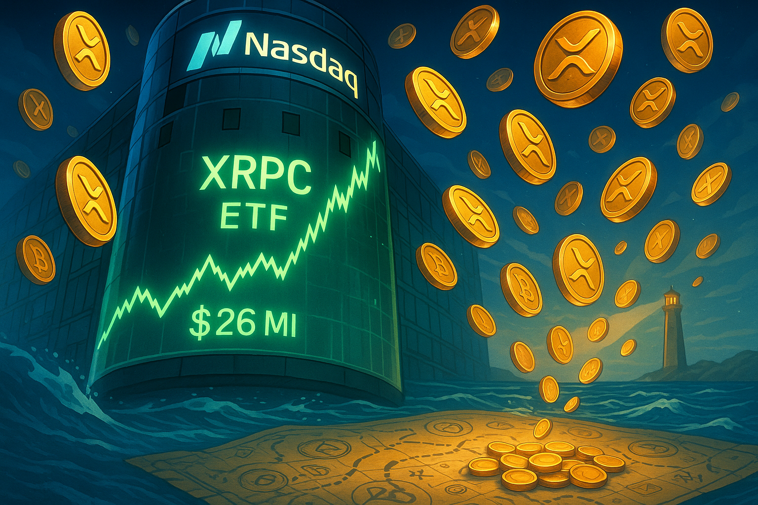 Illustration of XRP cryptocurrency ETF launch with strong initial trading volume
