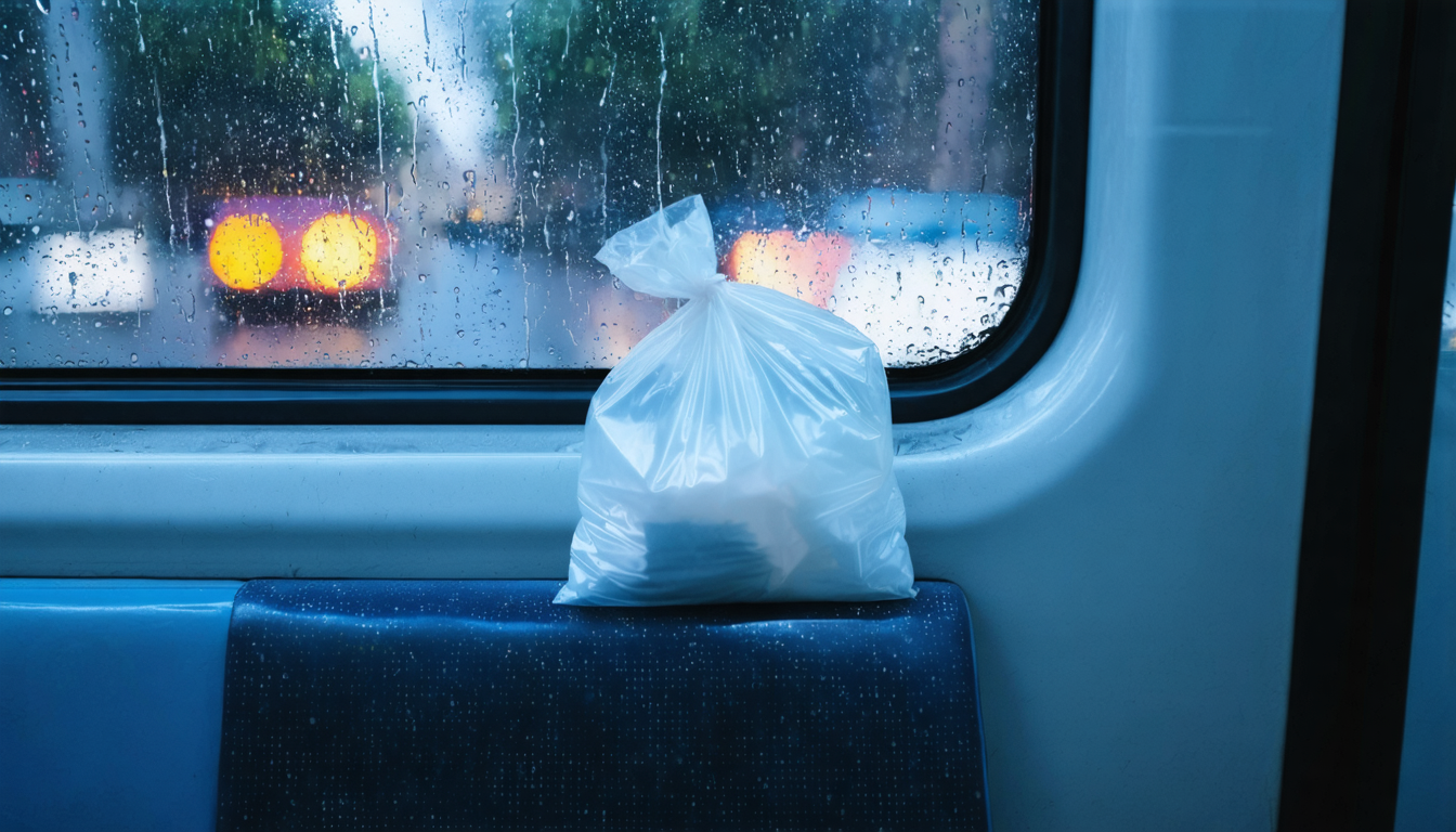 An empty plastic bag resting on a public bus seat at night, illuminated by overhead fluorescent light.