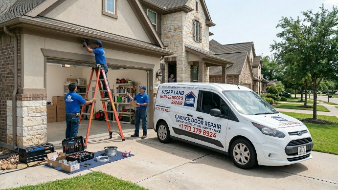 Garage door repair technician at work in Sugar Land TX
