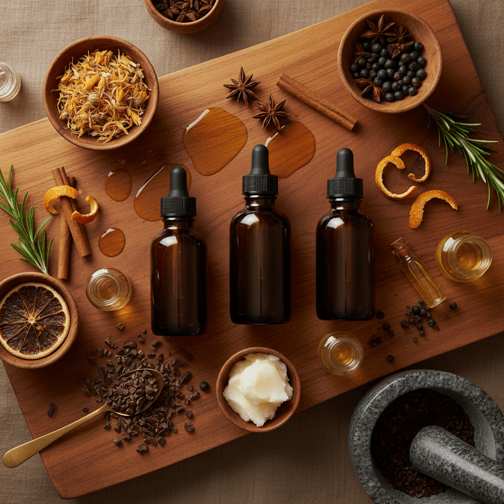 Premium botanical oil ingredients and carrier oils with dark glass bottles