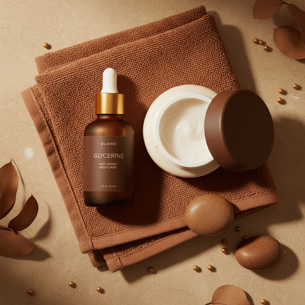 Elegant skincare flat lay with glycerine bottle and moisturizer