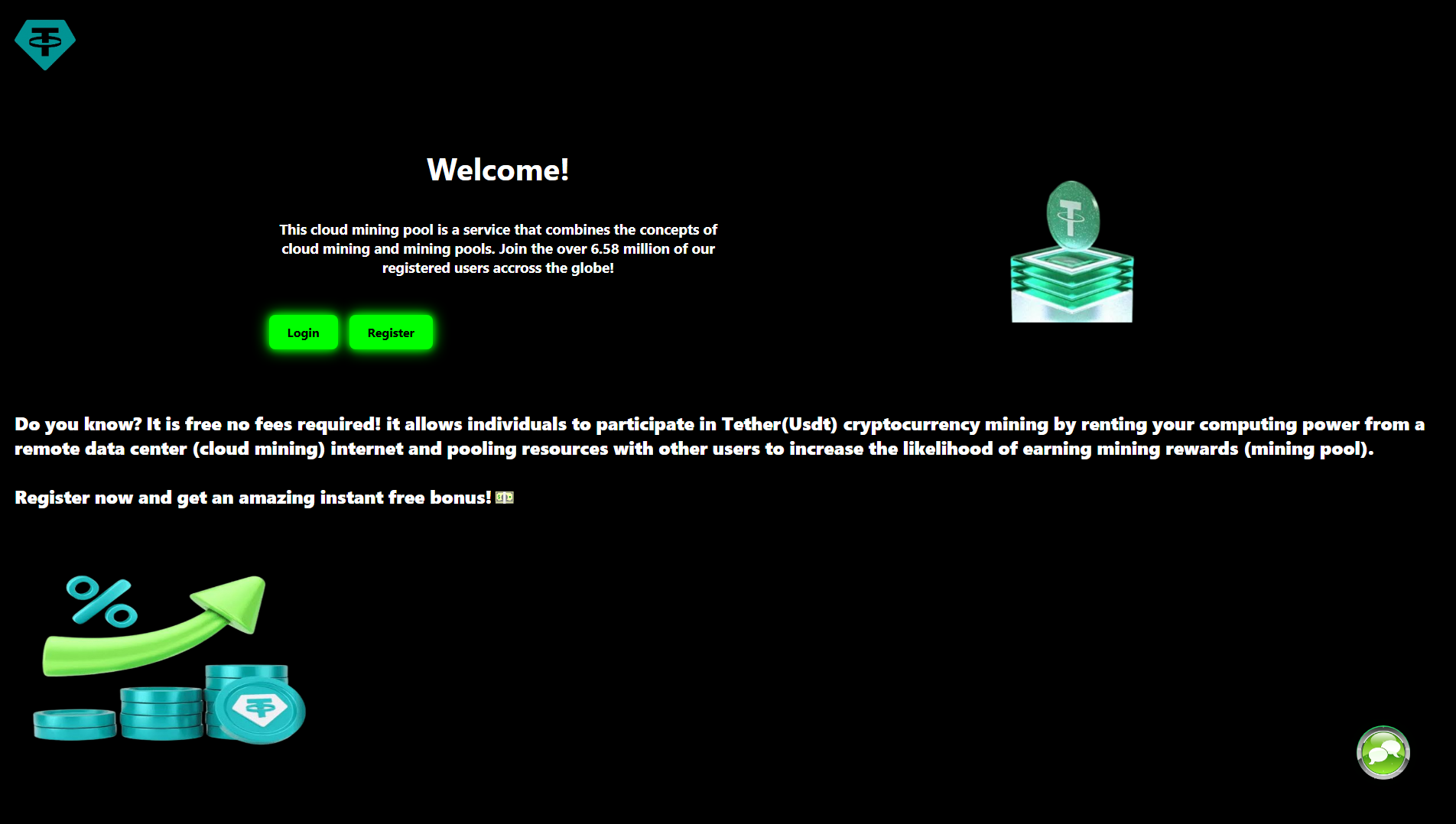 Forensic screenshot of usdtminingpool.com showing the phishing page layout