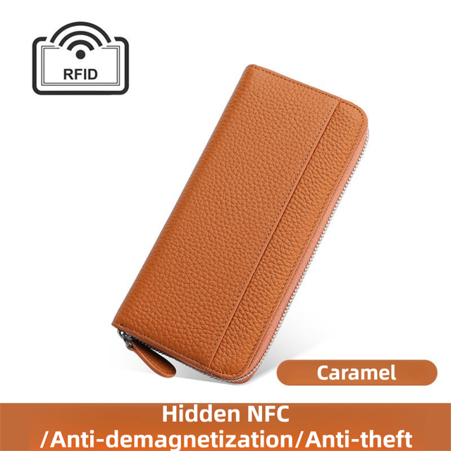 Caramel Genuine Leather Women's Long Wallet with RFID Blocking & Hidden NFC - Large Capacity Phone Purse with 180° Zipper Closure, 18 Card Slots, Coin/Cash Pockets and for Daily Travel Use