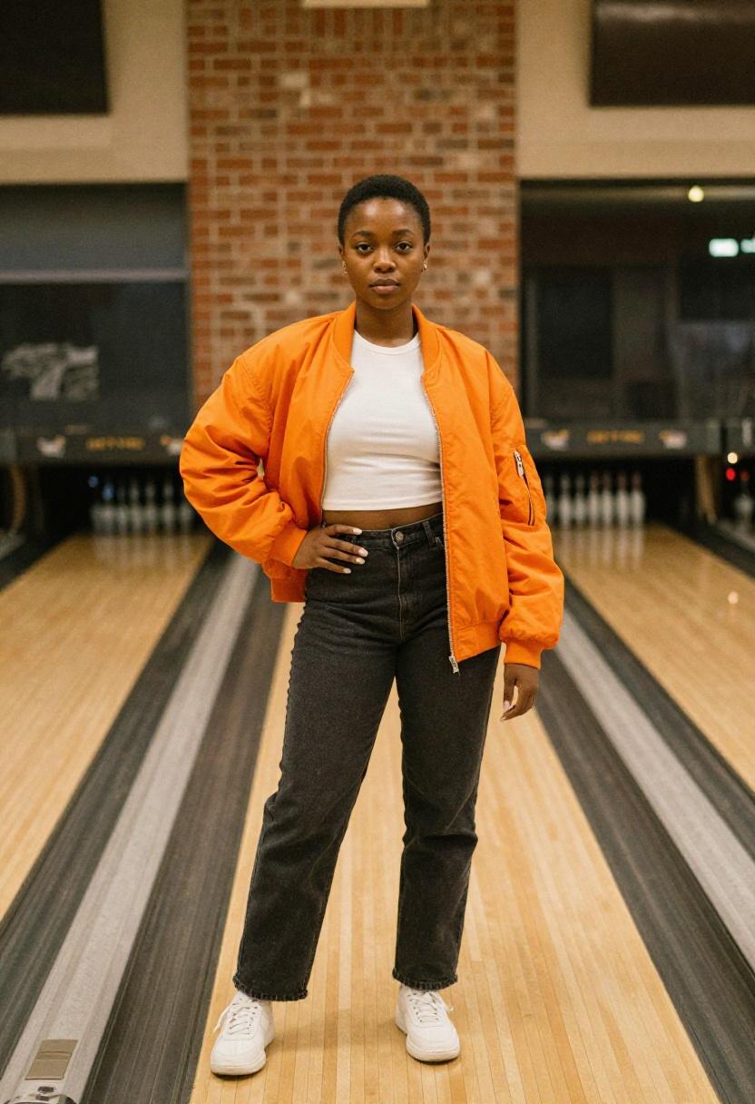 Electric orange bomber jacket over white crop and dark jeans bowling outfit