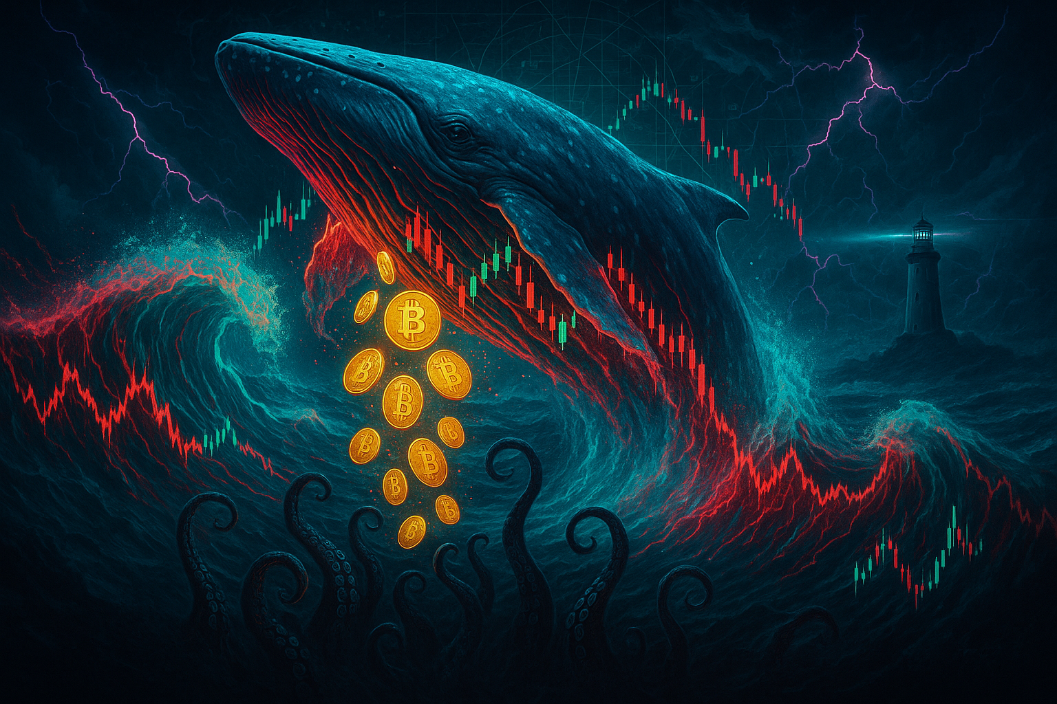 Illustration of a Bitcoin whale transferring funds to Kraken exchange, symbolizing a major $1.3 billion sale