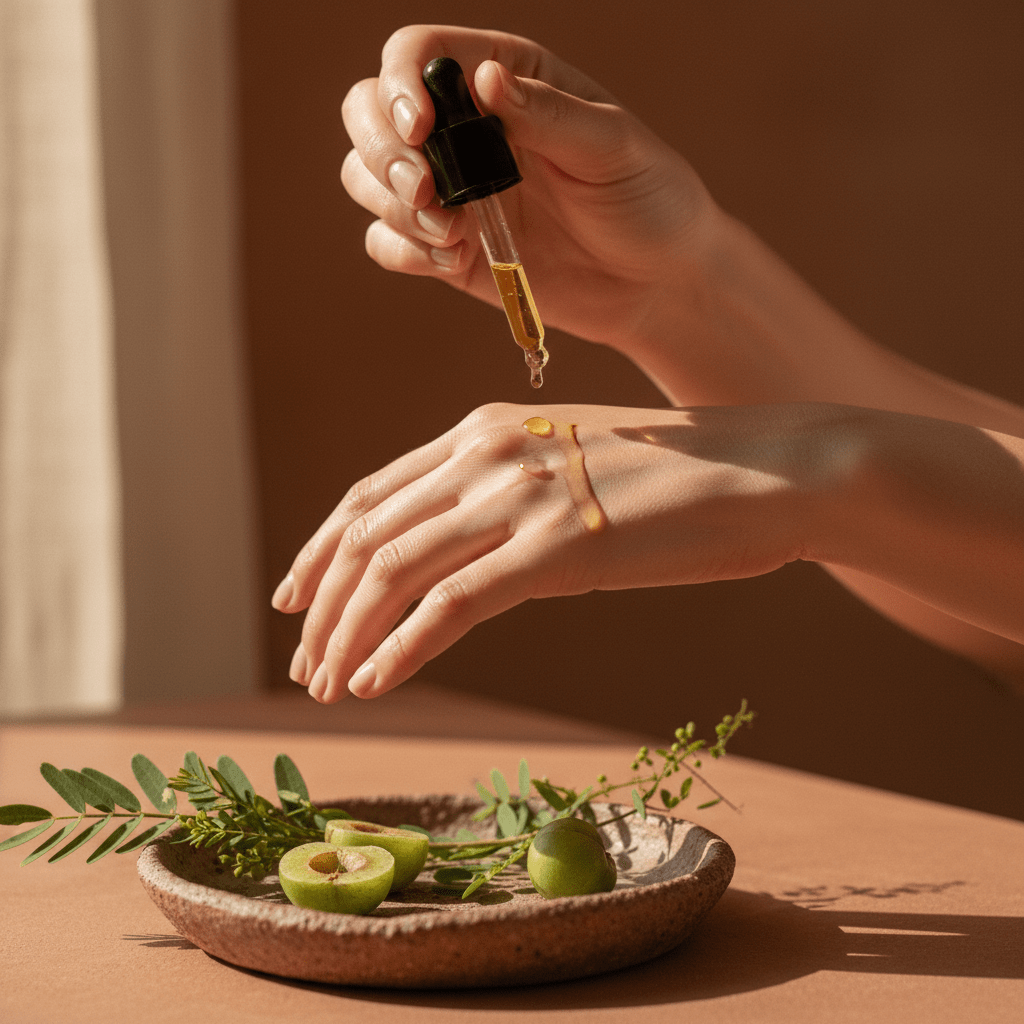 Hand applying amla seed oil to skin in a minimalist skincare scene