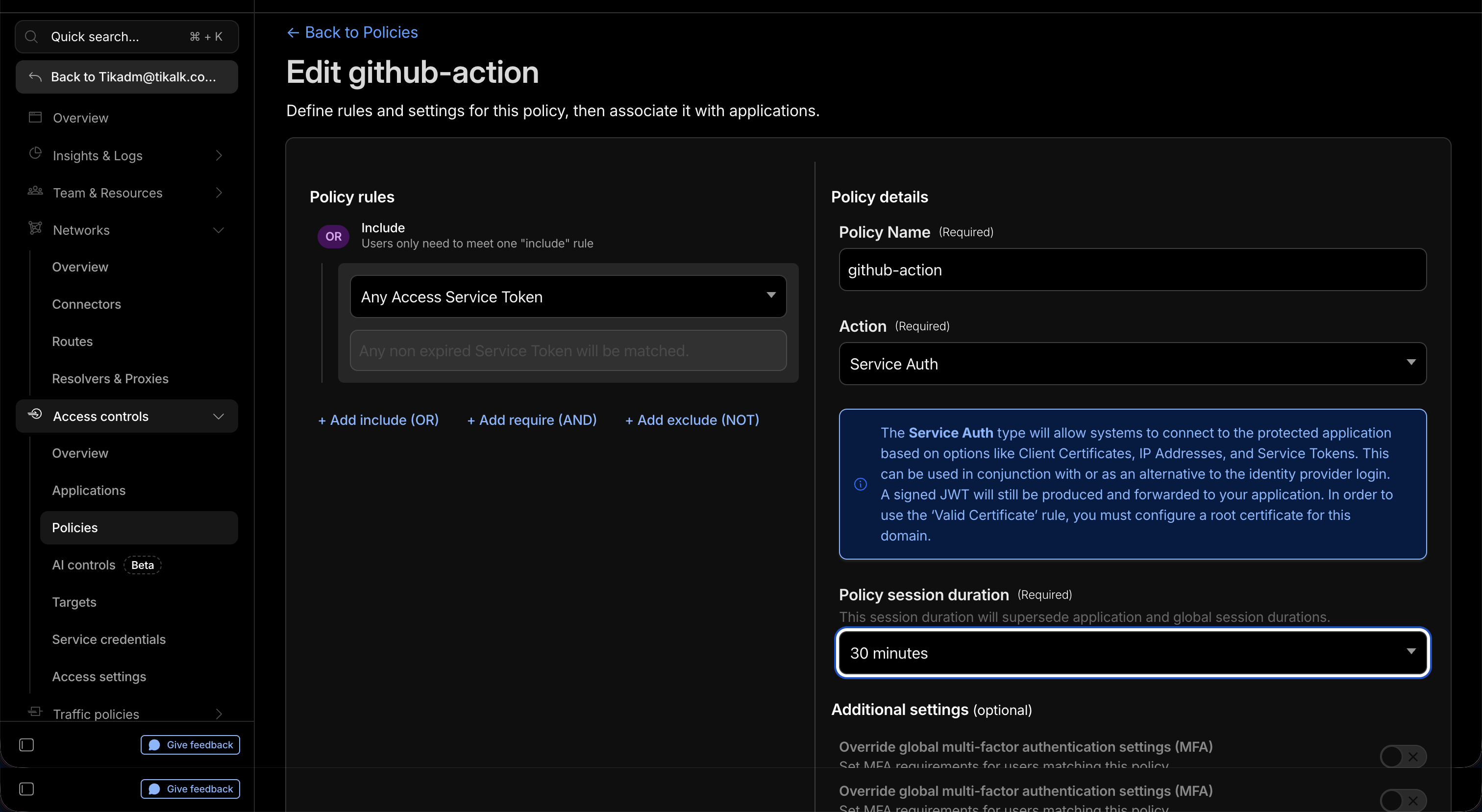 Cloudflare Access policy editor showing the github-action policy with Service Auth action and Any Access Service Token include rule