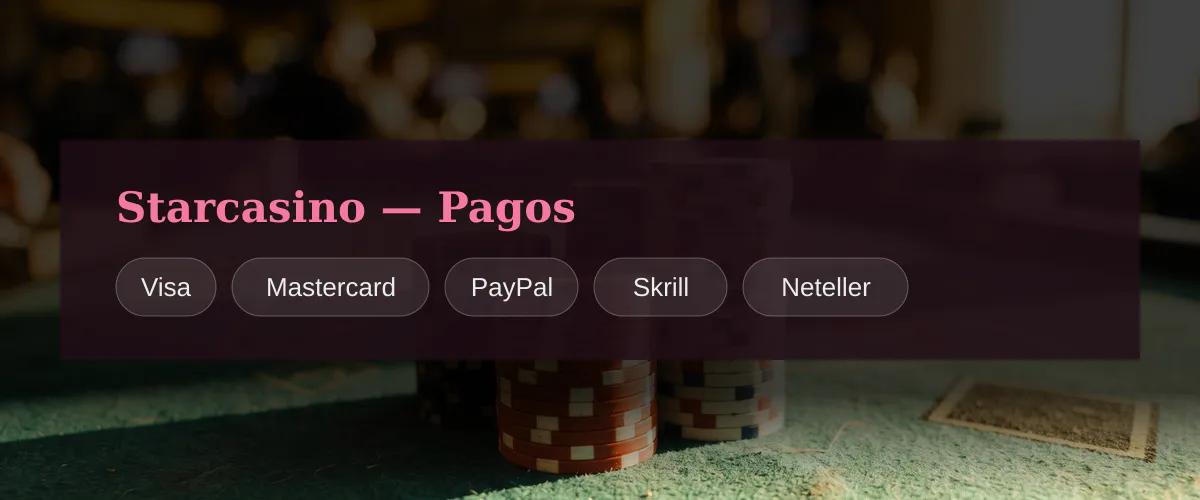 Starcasino — Pagos: Visa, Mastercard, PayPal, Skrill, Neteller