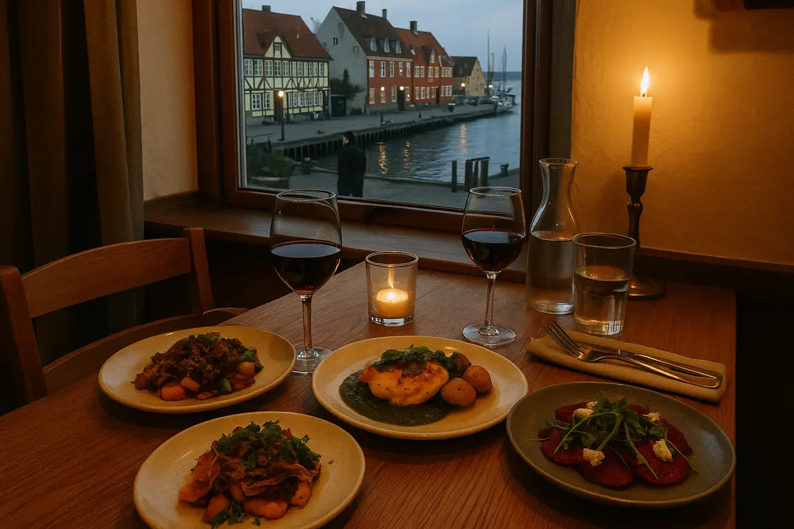 Et bord dækket til middag på en hyggelig restaurant i Fredericia med levende lys og lokal mad.