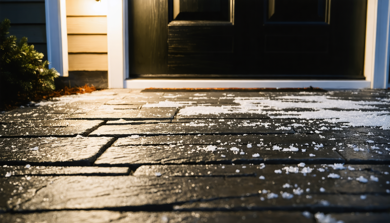 A single doorstep of a stone building covered in frost, illuminated by a porch light, with no one present.