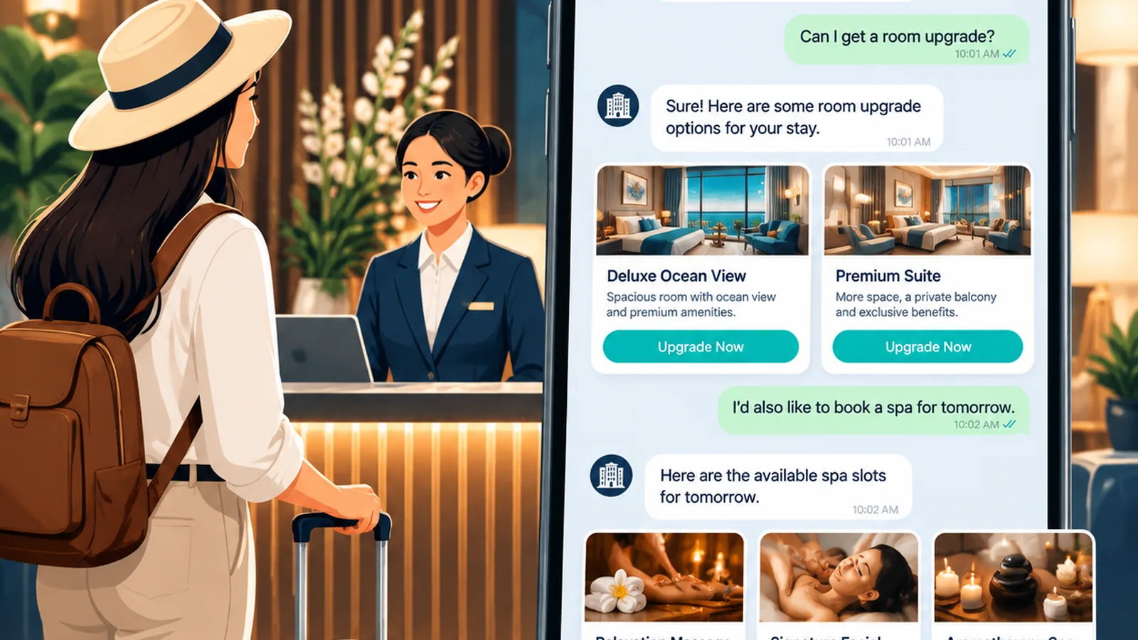 Hotel WhatsApp concierge AI agent answering check-in FAQ and spa upsell