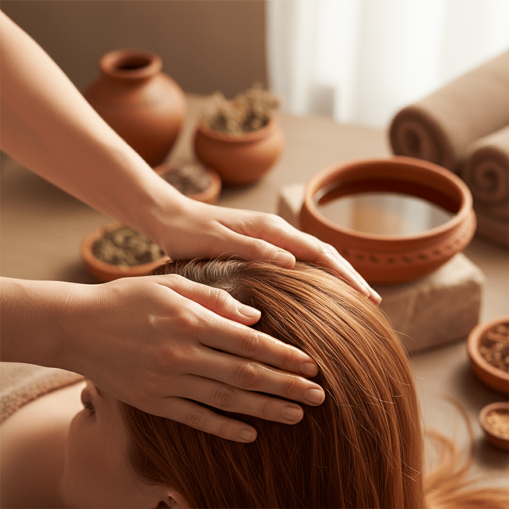 Close-up of warm herbal oil being massaged into the scalp for hair care