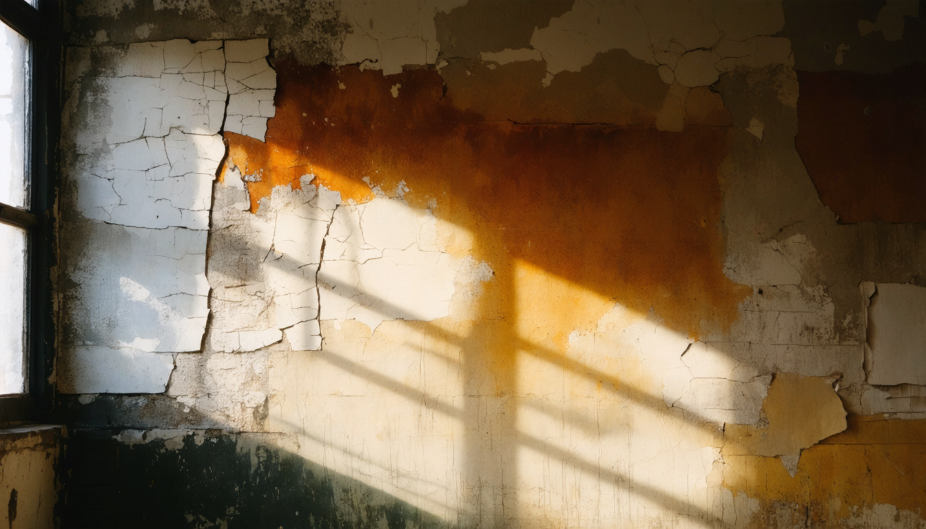 A peeling wall in an old apartment, layers of paint exposed like sediment.