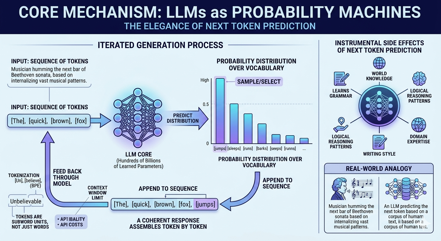 LLM next token prediction probability distribution diagram showing vocabulary tokens with probability bars and sampling mechanism