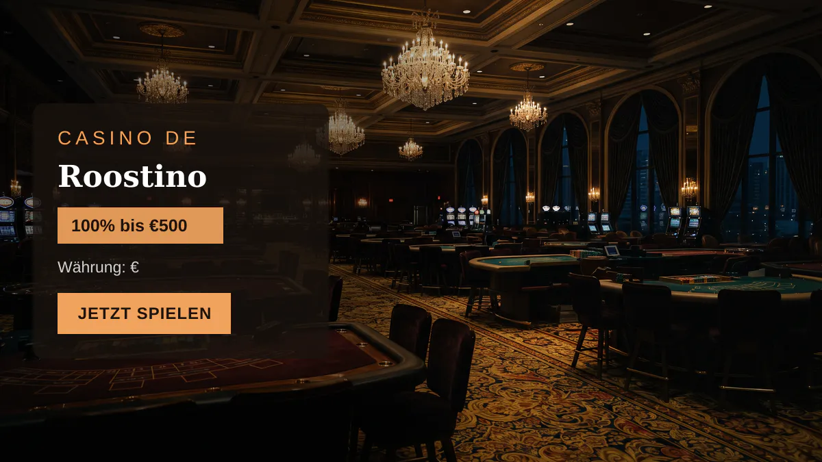 Roostino Casino — Willkommensbonus 100% bis €500 + 200 FS, Zahlungen: Visa, Mastercard, Skrill, Neteller, Sofort