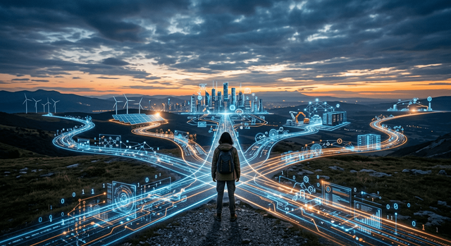 Image of a person at a crossroads with digital paths
