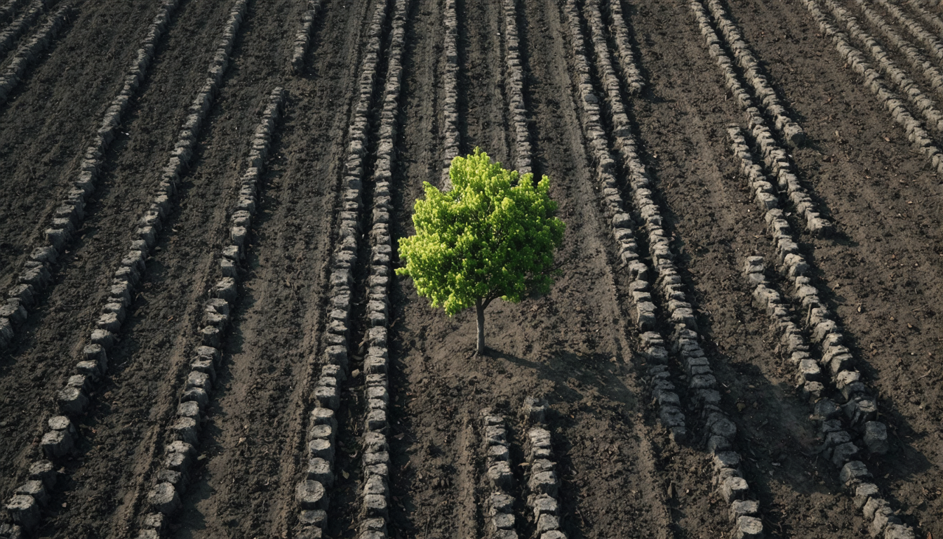 The last tree left standing after every inefficient neighbor was removed — efficient, alone, and wondering about the quiet.