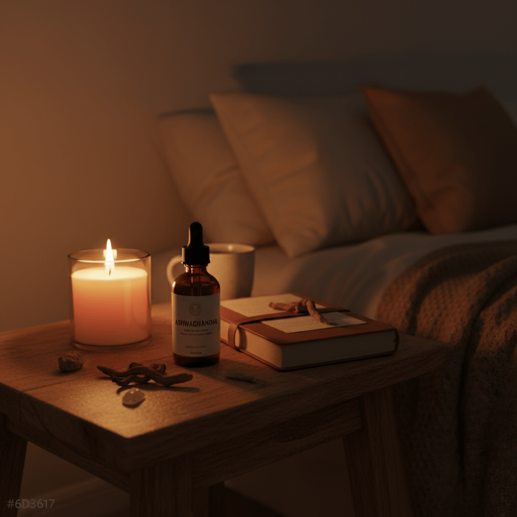 A nighttime self-care scene with ashwagandha oil, journal, and candle on a bedside table