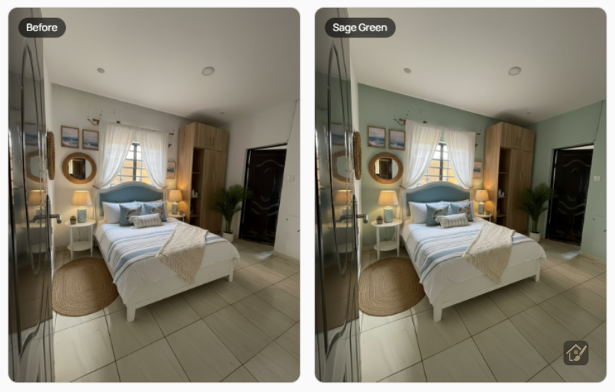 white to sage green wall paint before and after living room color idea AI