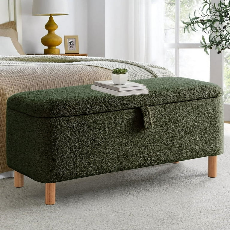 Bouclé Storage Ottoman Bench with Wooden Legs