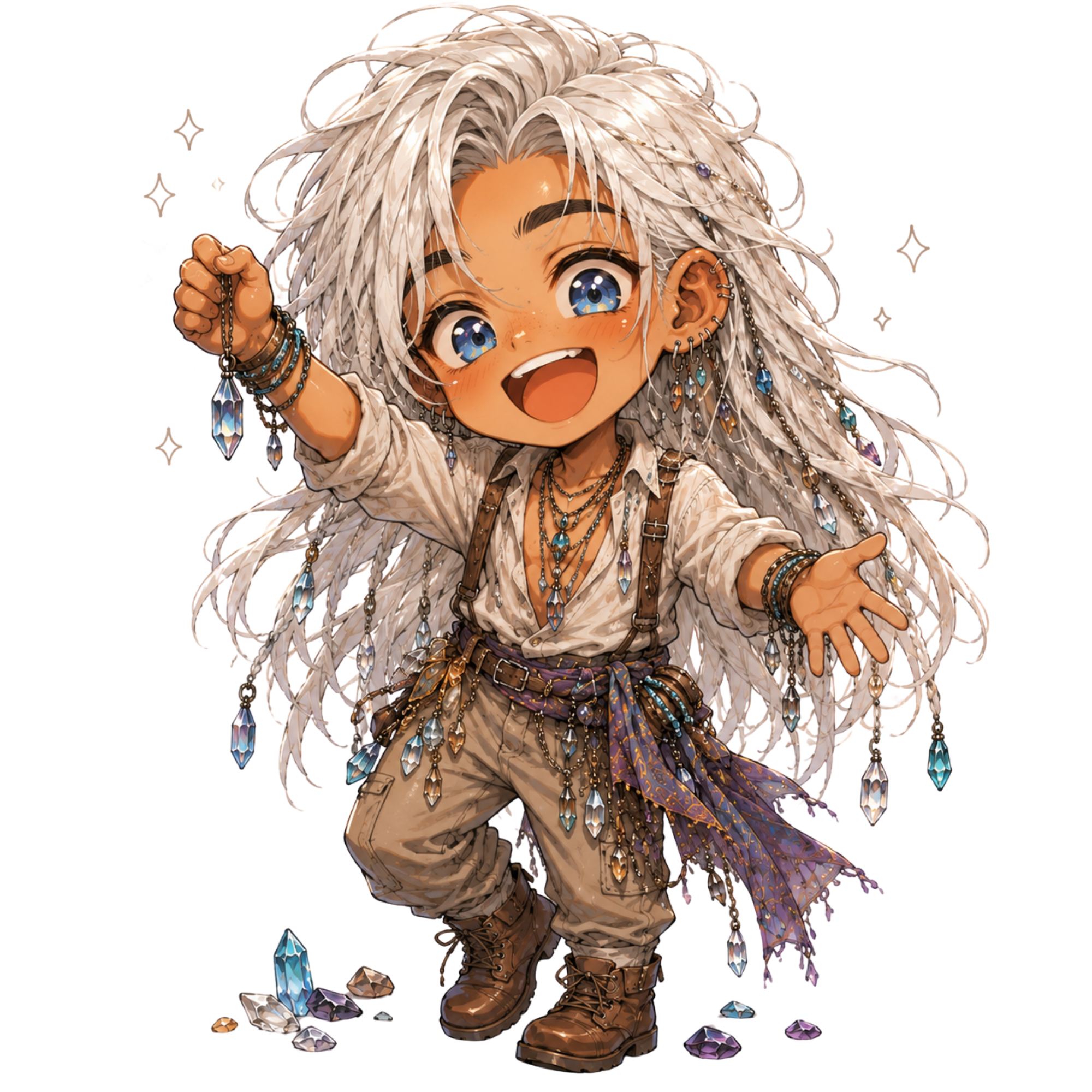 Cute chibi Landon holding crystals.